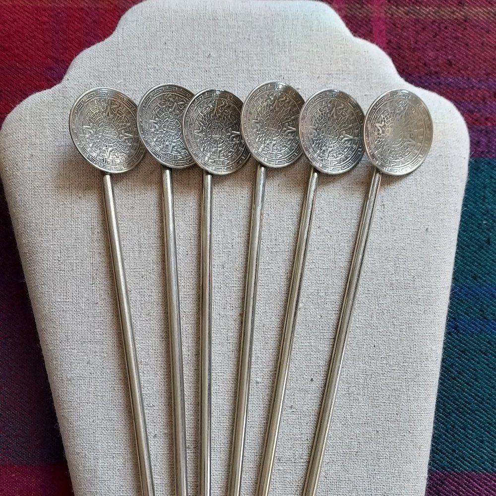 Vintage Sterling Mayan Calendar Stir Spoons Set 6 Hollow Straw 925 Tested